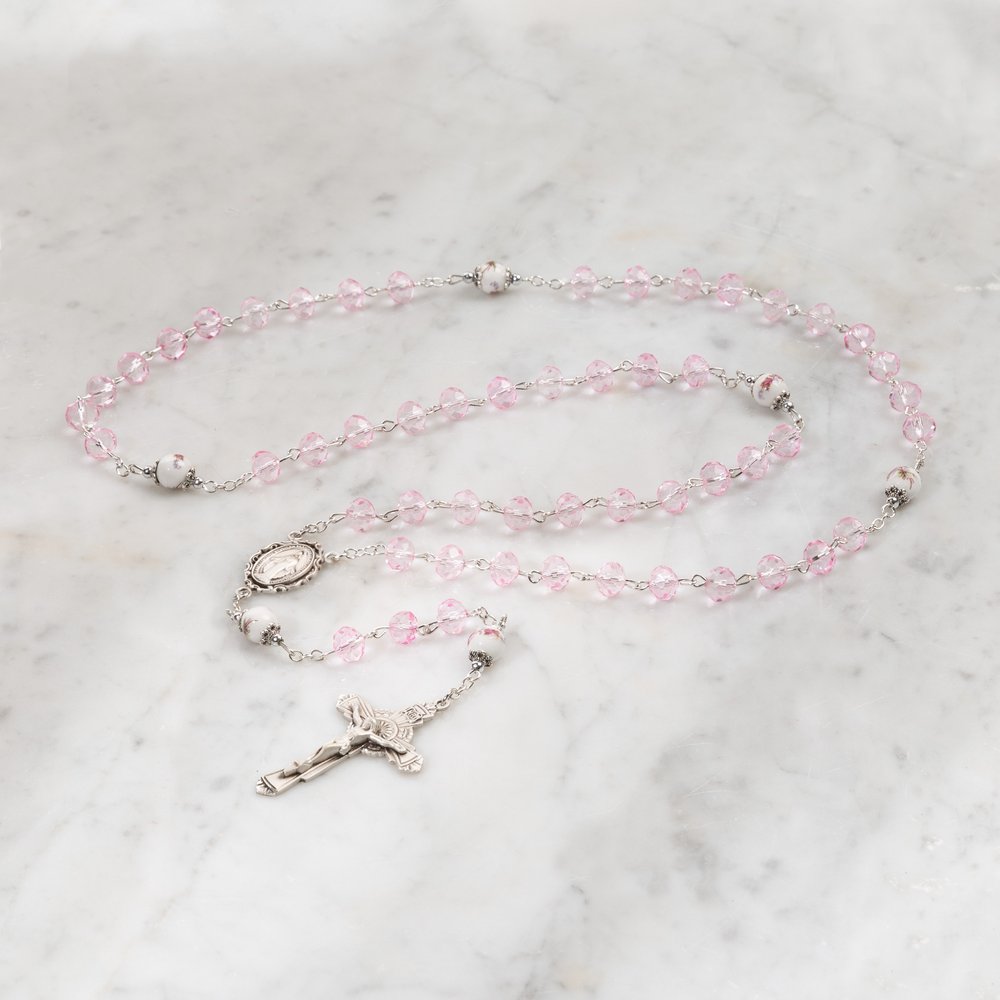 Pink Crystal Sterling Silver Miraculous Medal Rosary