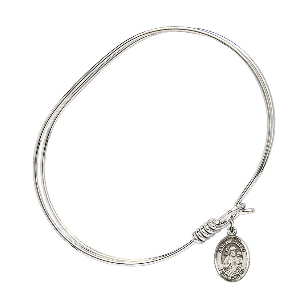 Adult 7" Oval  Rhodium Plated Bangle Bracelet with St. Joseph Medal Charm