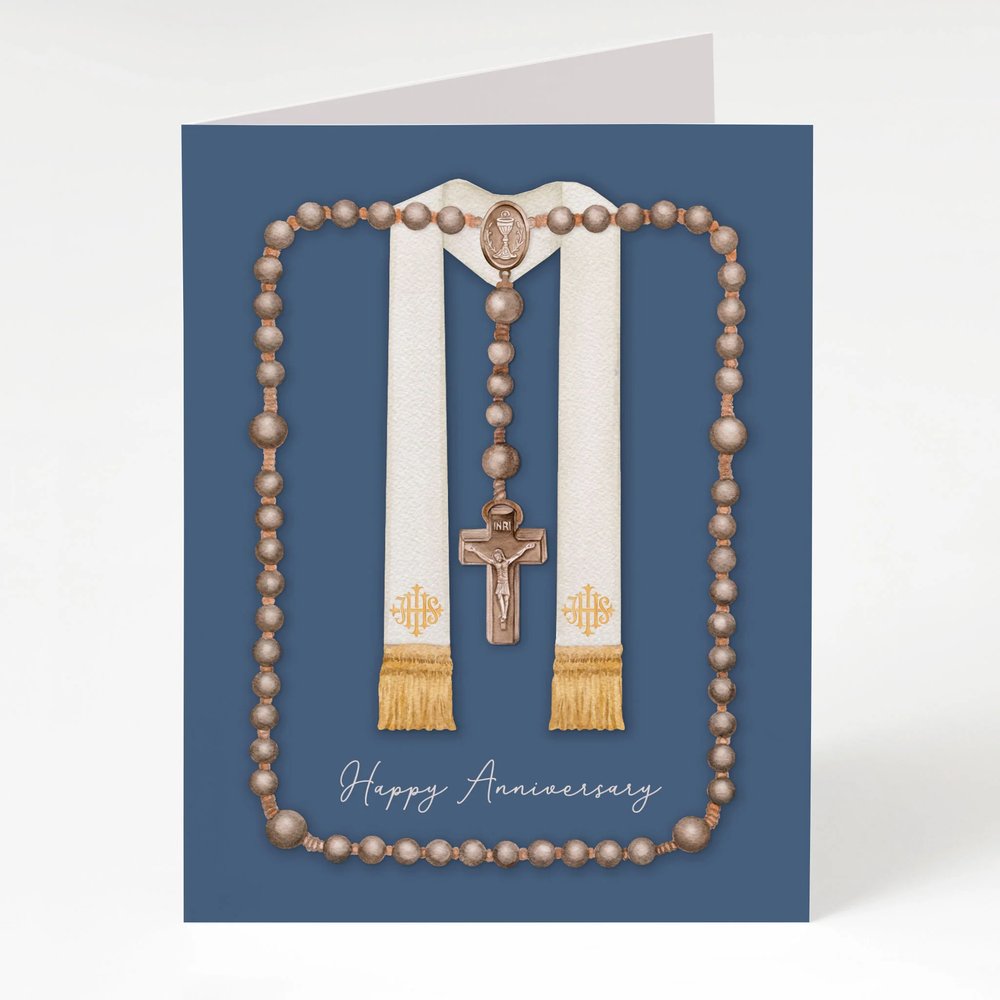 Anniversary card shows stole, crucifix, and rosary illustration on navy background.