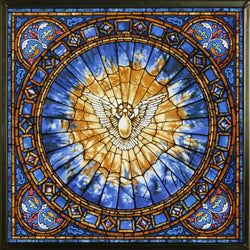 Square Stained glass panel featuring a central white dove on a blue and gold background, framed with colorful geometric patterns.