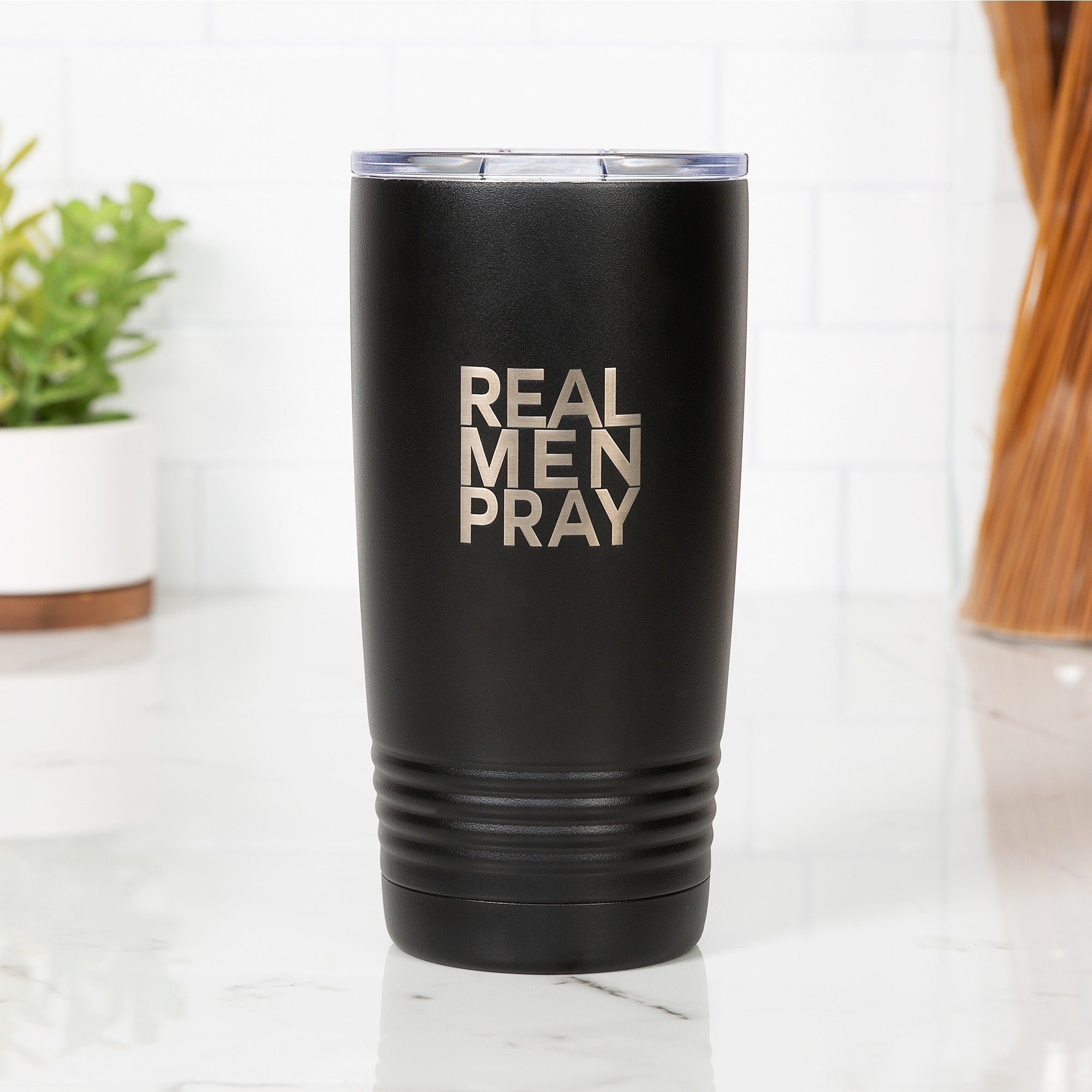 Personalized "Real Men Pray" Black 20oz Tumbler