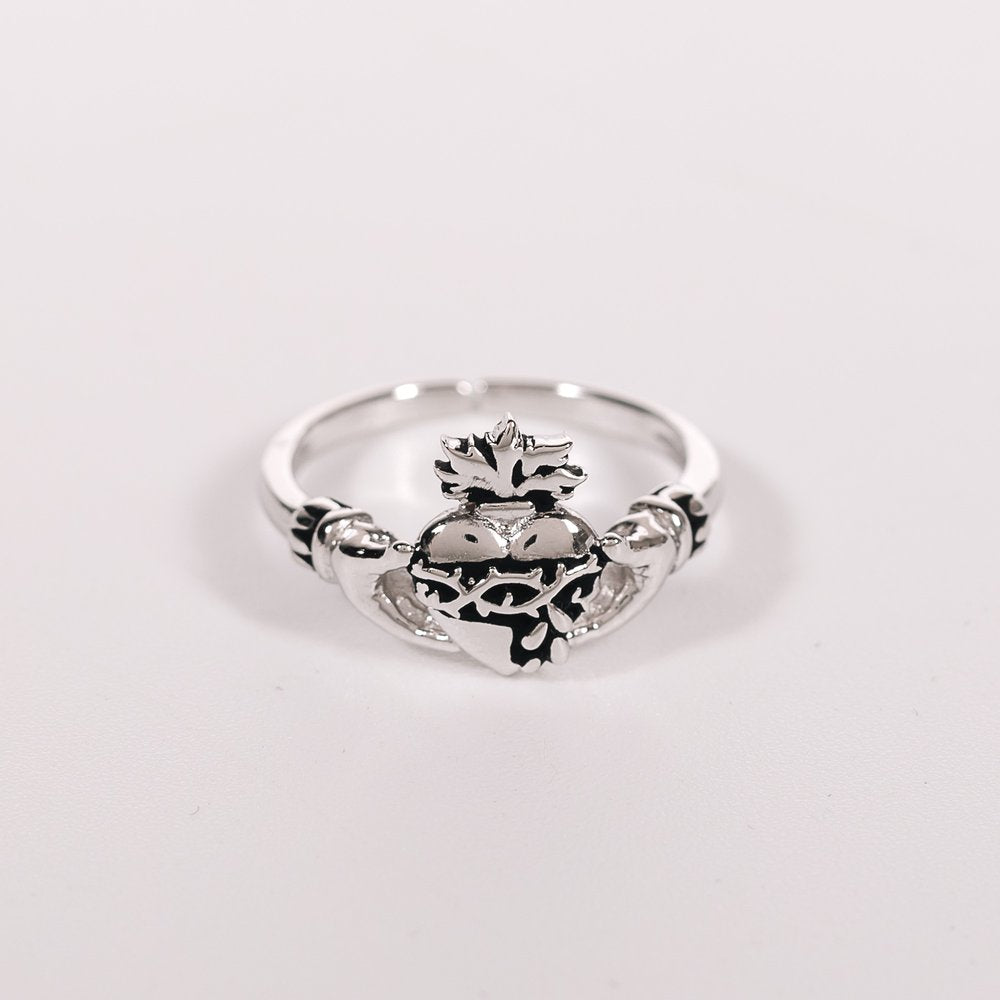 Silver Sacred Heart Claddagh Adjustable Ring