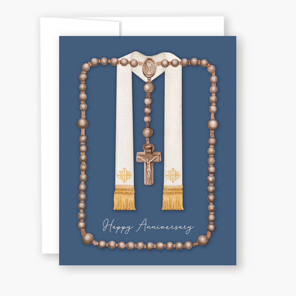 Anniversary card with a religious design: Rosary and priestly stole on a blue background.