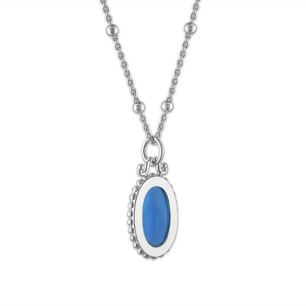 Silver necklace with blue oval pendant on beaded chain, jewelry.