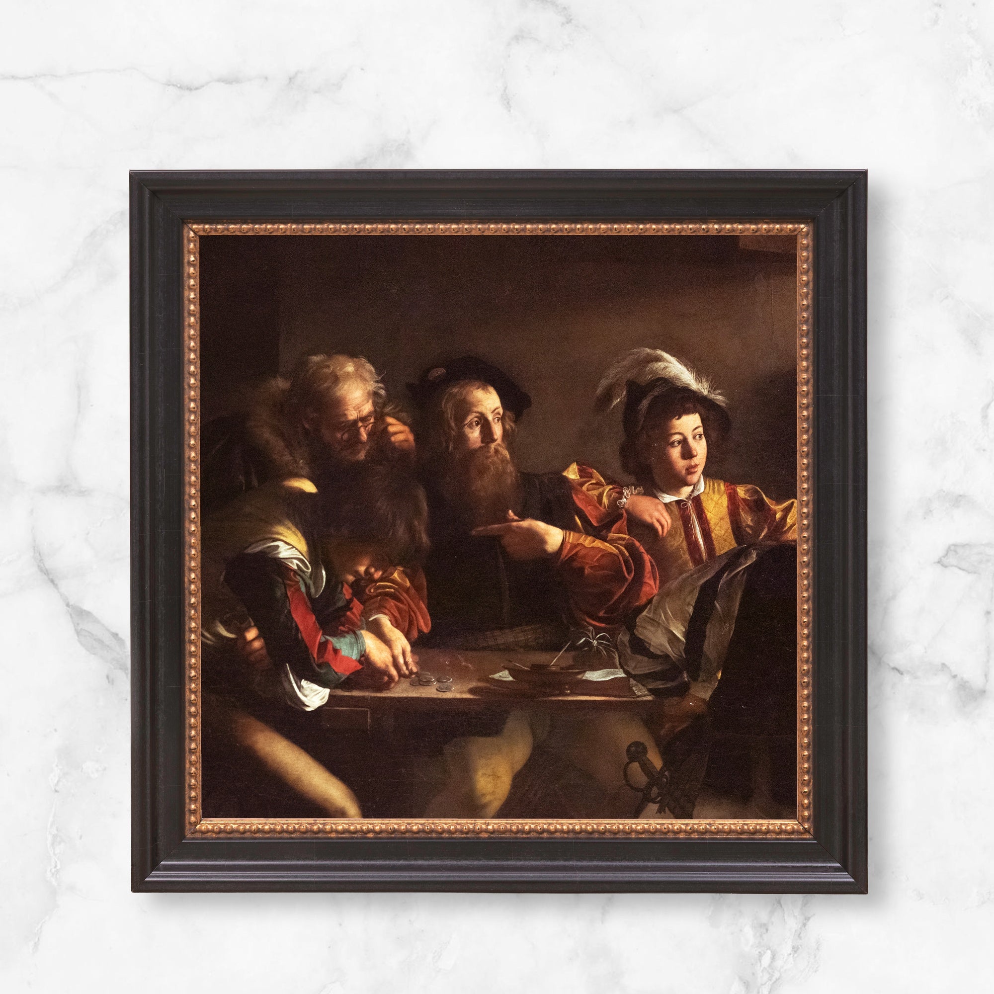 Framed "The Cardsharps" art print. Dark wood frame with gold accents; Renaissance style.
