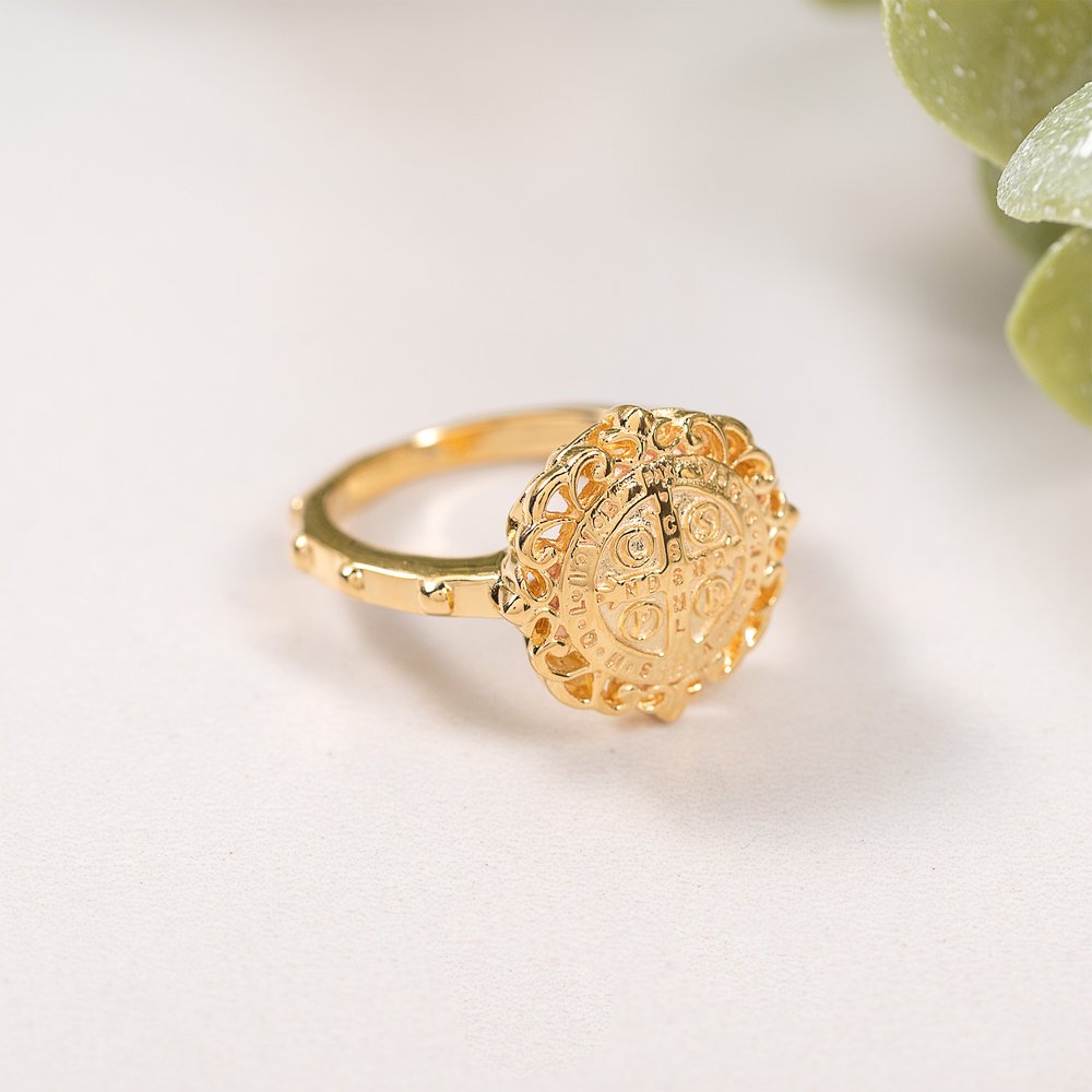 Gold Over Sterling Silver St. Benedict Filigree Rosary Ring