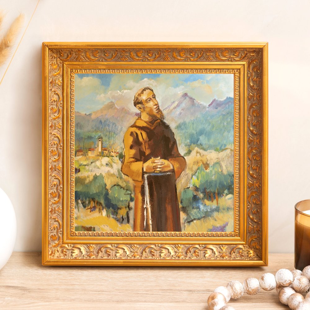 Framed oil painting of a friar in a brown robe against a landscape, with an ornate gold frame.