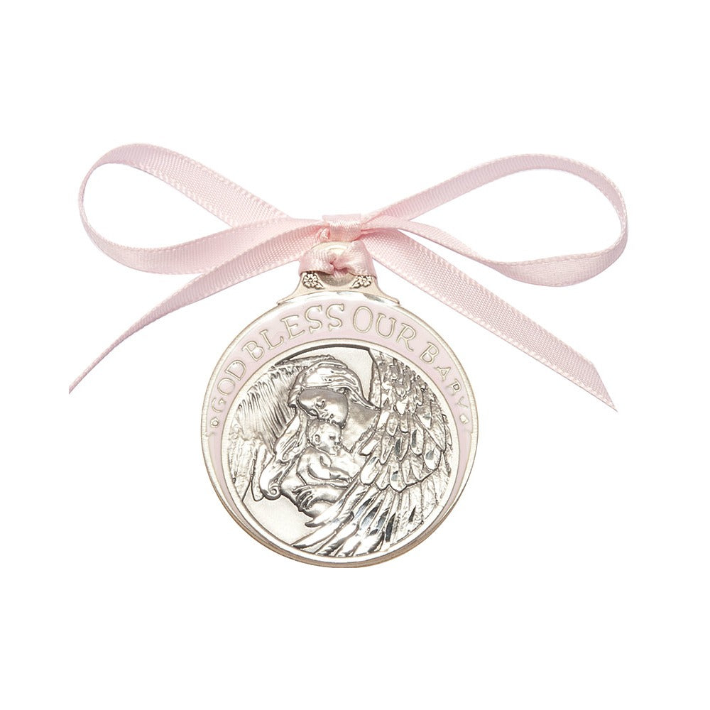 Silver ornament for baby's blessing with angel design and pink ribbon.