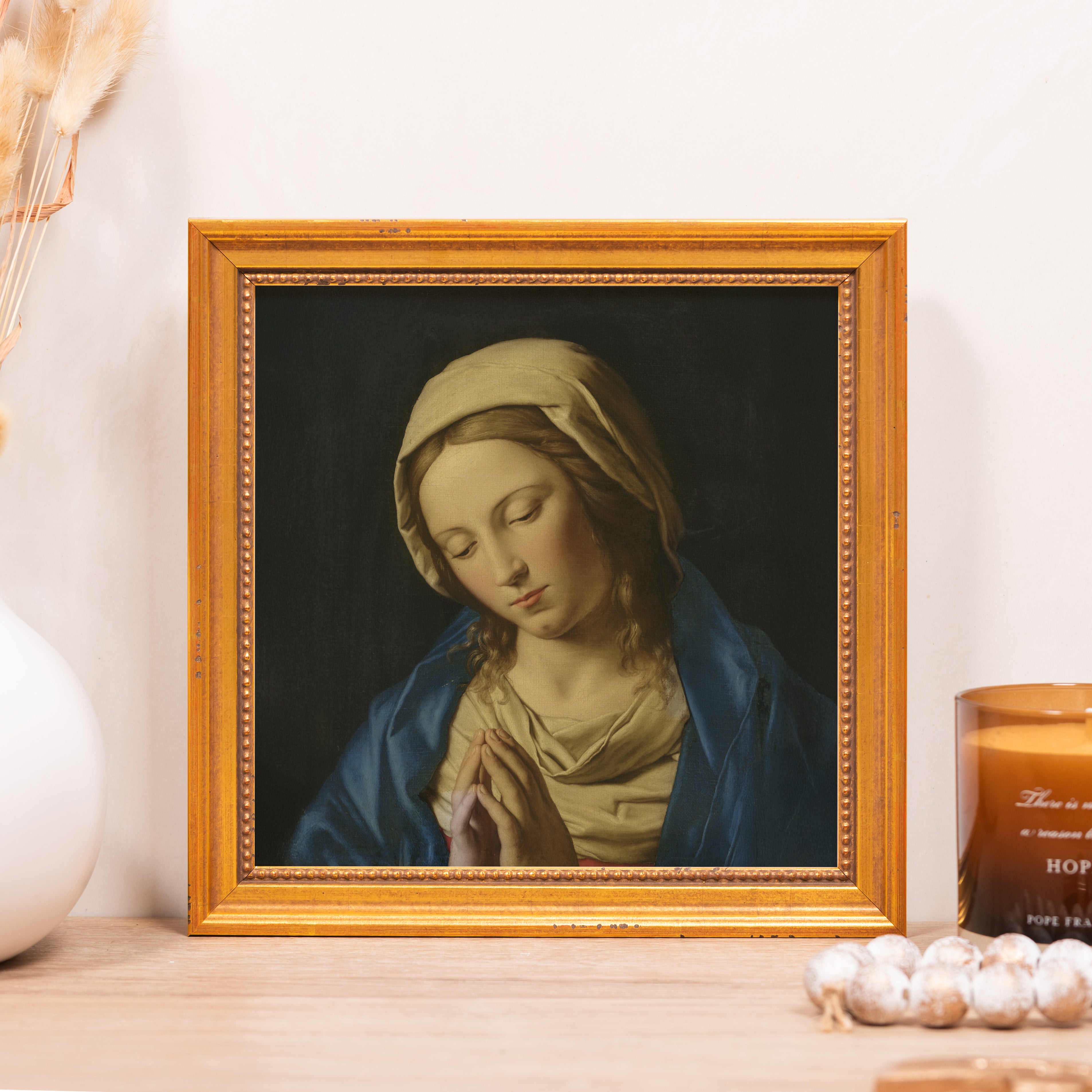 Framed canvas print of Mary in blue and white with a gold ornate frame for wall decor.