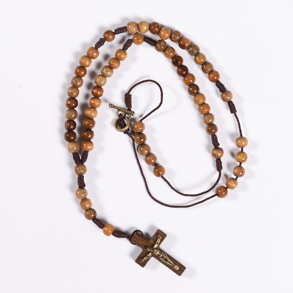 Imbuia Wood Corded Rosary Necklace with Clasp
