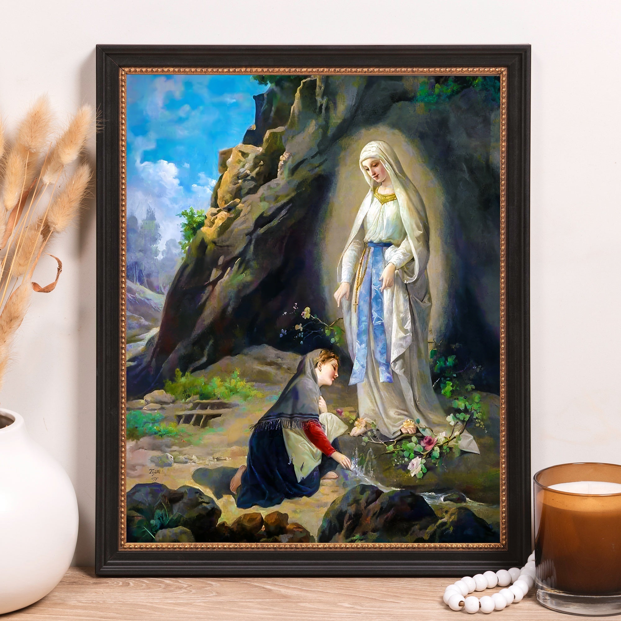 Framed Art Print depicting a religious scene with a woman in white and blue and a kneeling woman.