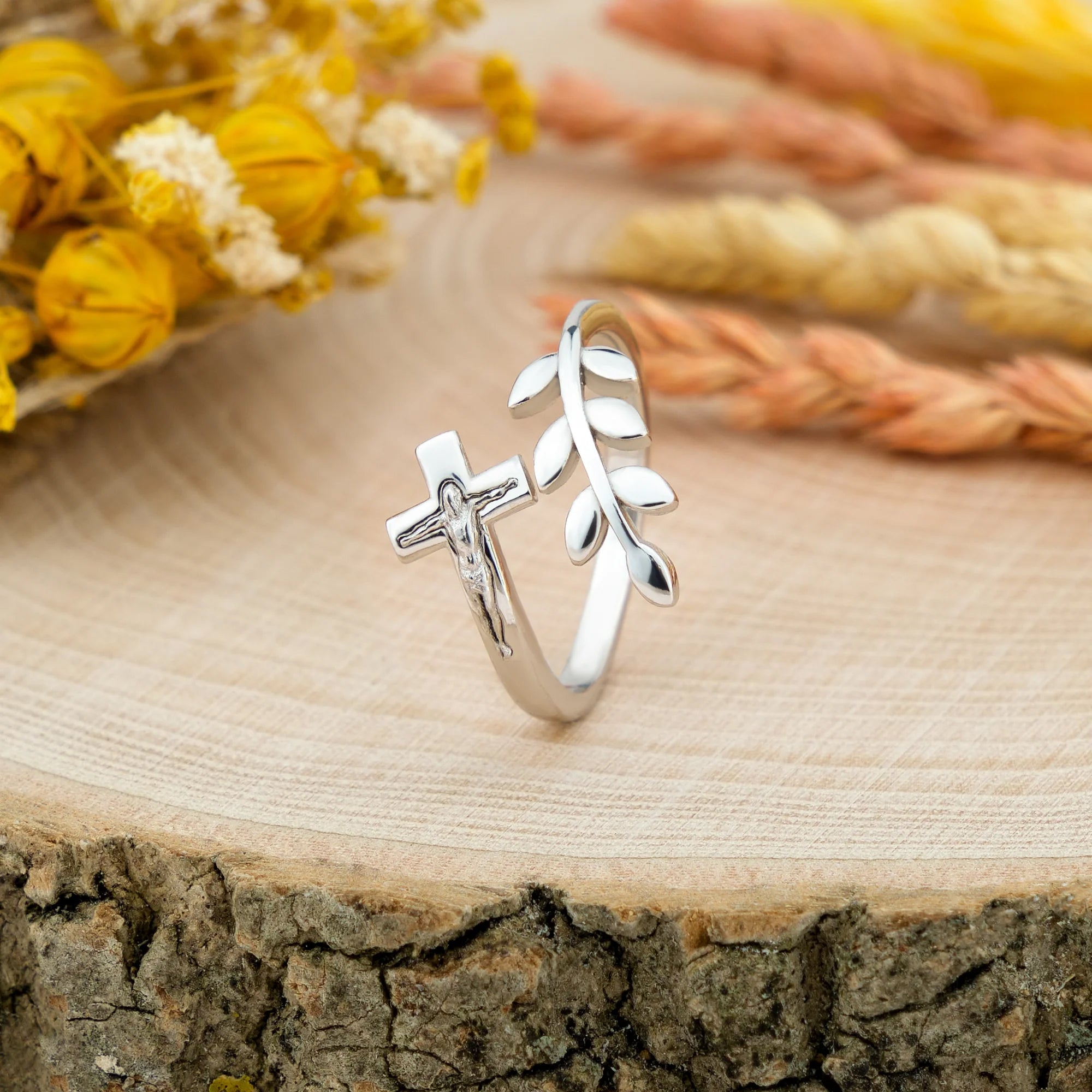 Sterling Silver Peace Olive Branch & Crucifix Adjustable Ring