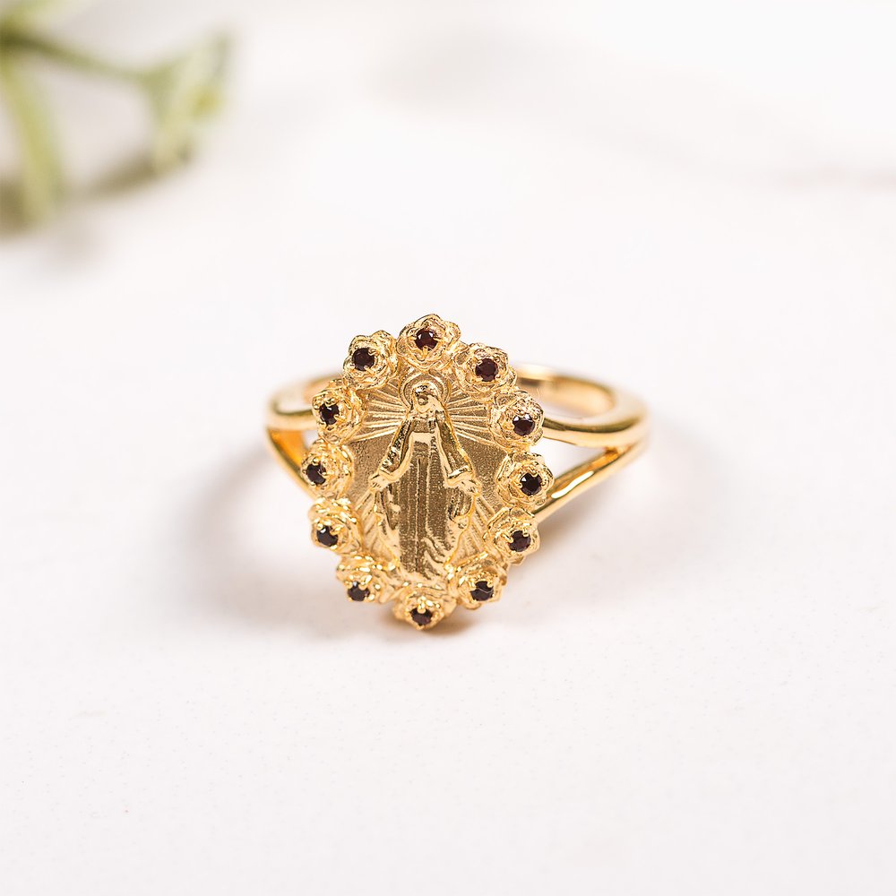 Gold Miraculous Medal & Rose Halo Ring - Multiple Sizes