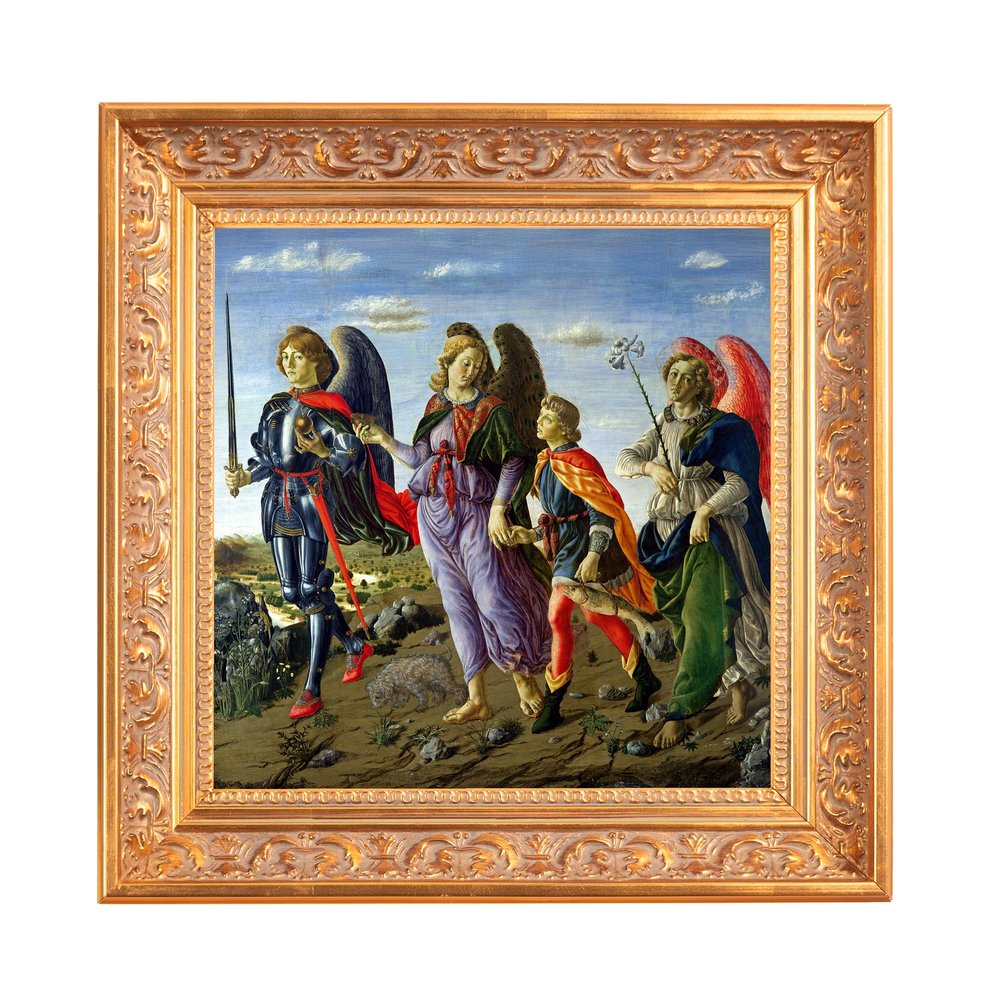 Framed painting of angels, gold frame, Renaissance style.