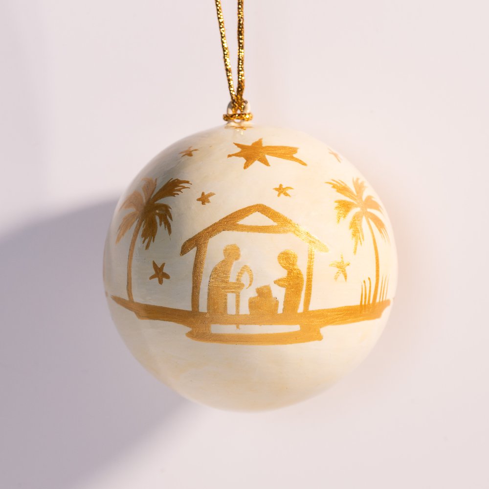 White & Gold Papier-Mâché Nativity Ornament