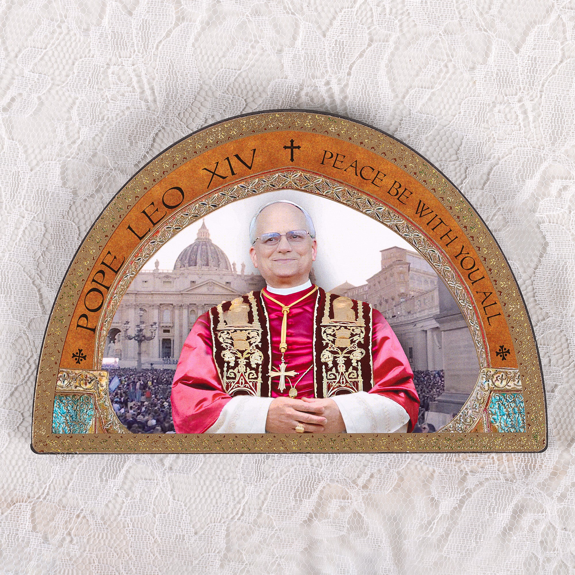 Pope Leo XIV, "La Pace" timpany Icon, gold frame