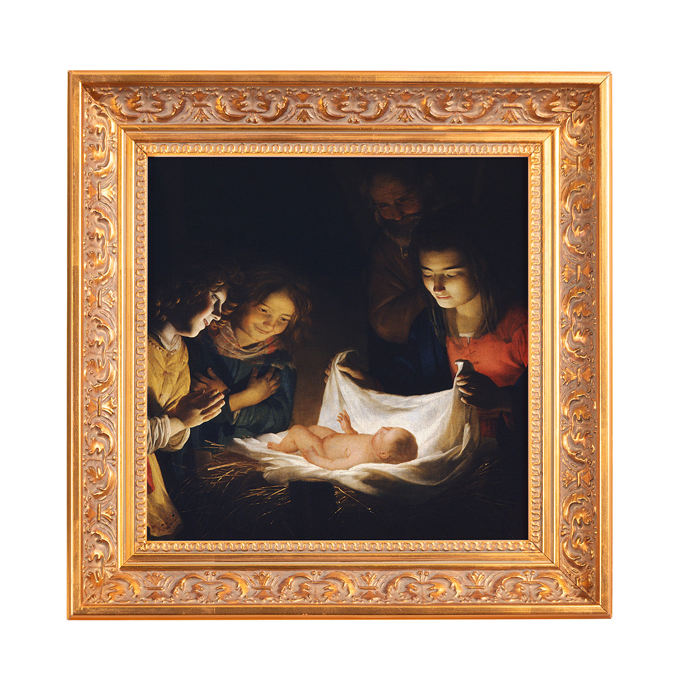 Framed painting of the Nativity scene with dark background, in a gold, ornate frame.