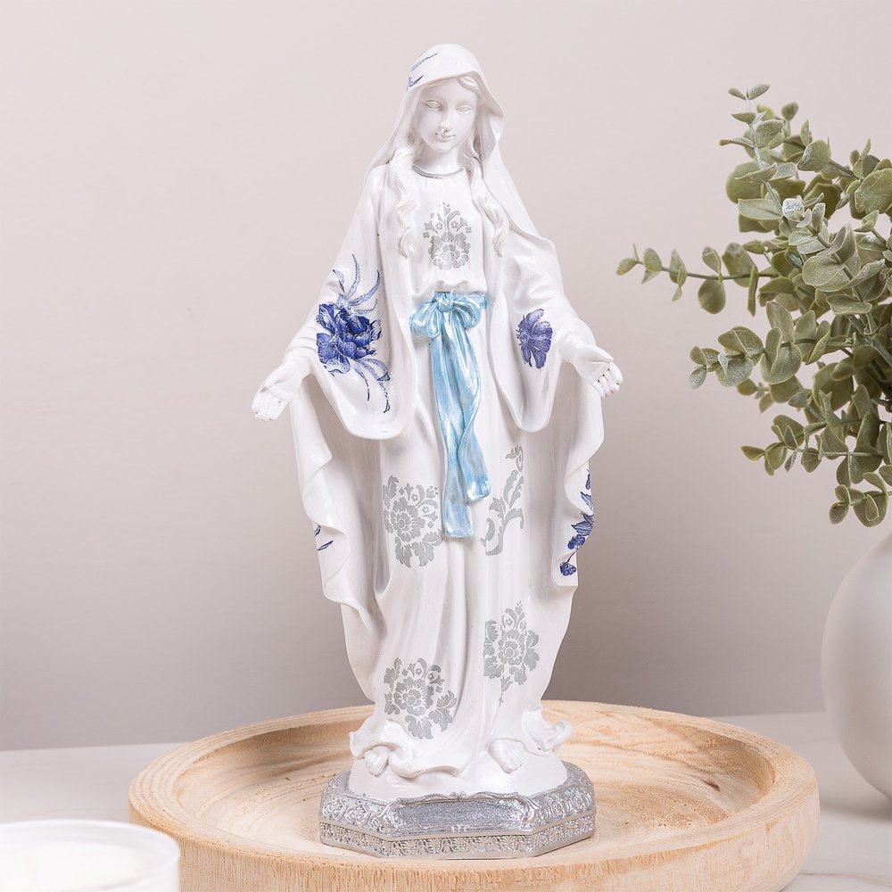 Blue Floral Our Lady of Grace Statue - 12"
