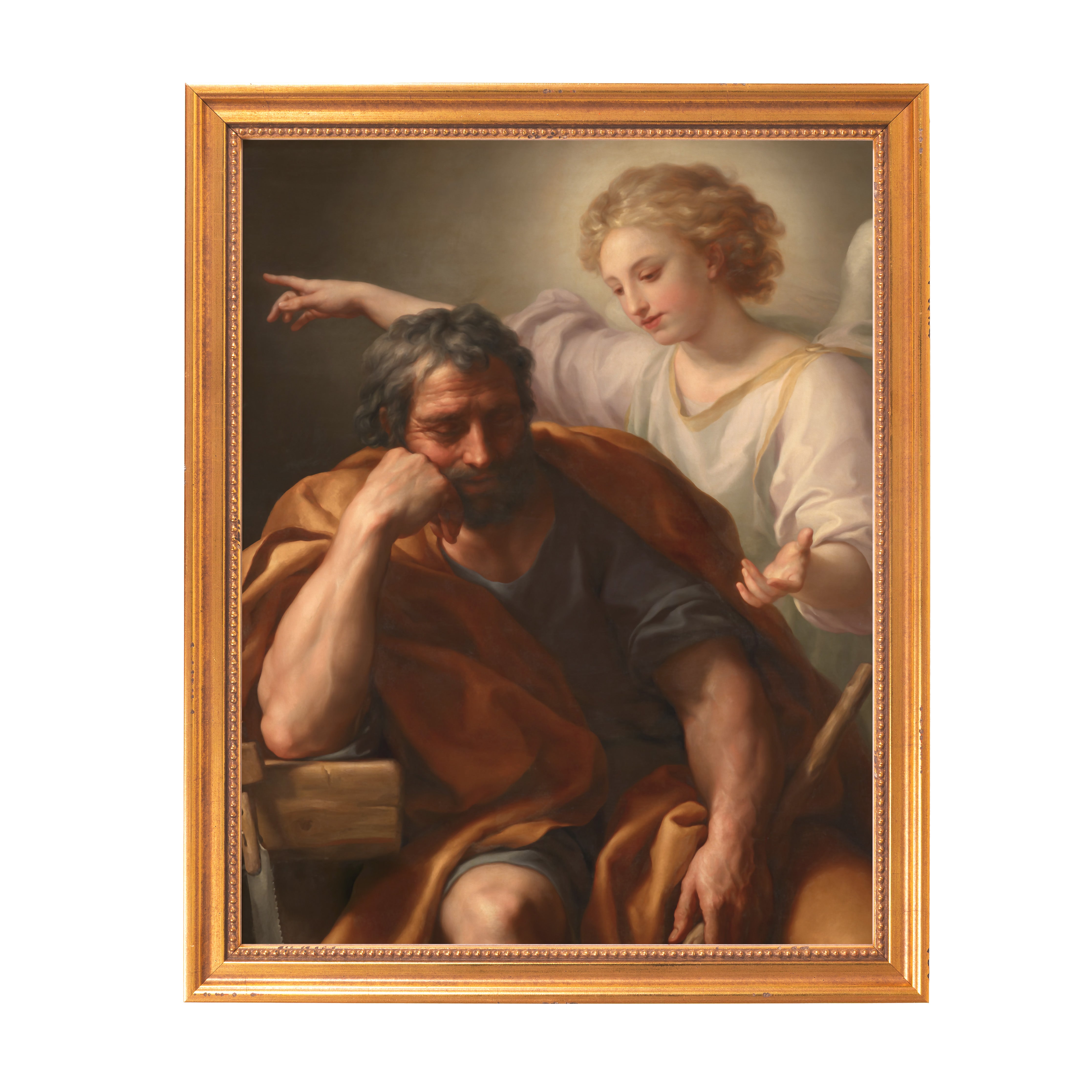 Framed Painting, "Joseph's Dream," in an ornate gold frame depicts a man sleeping while an angel gestures towards the distance.