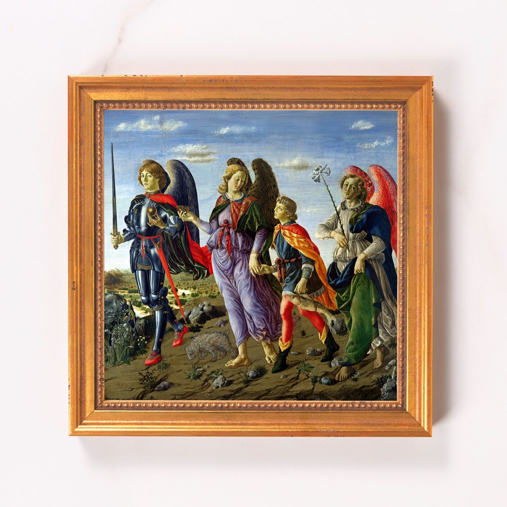 Framed reproduction of Tobias and the Angel, painting on canvas. Gold frame.