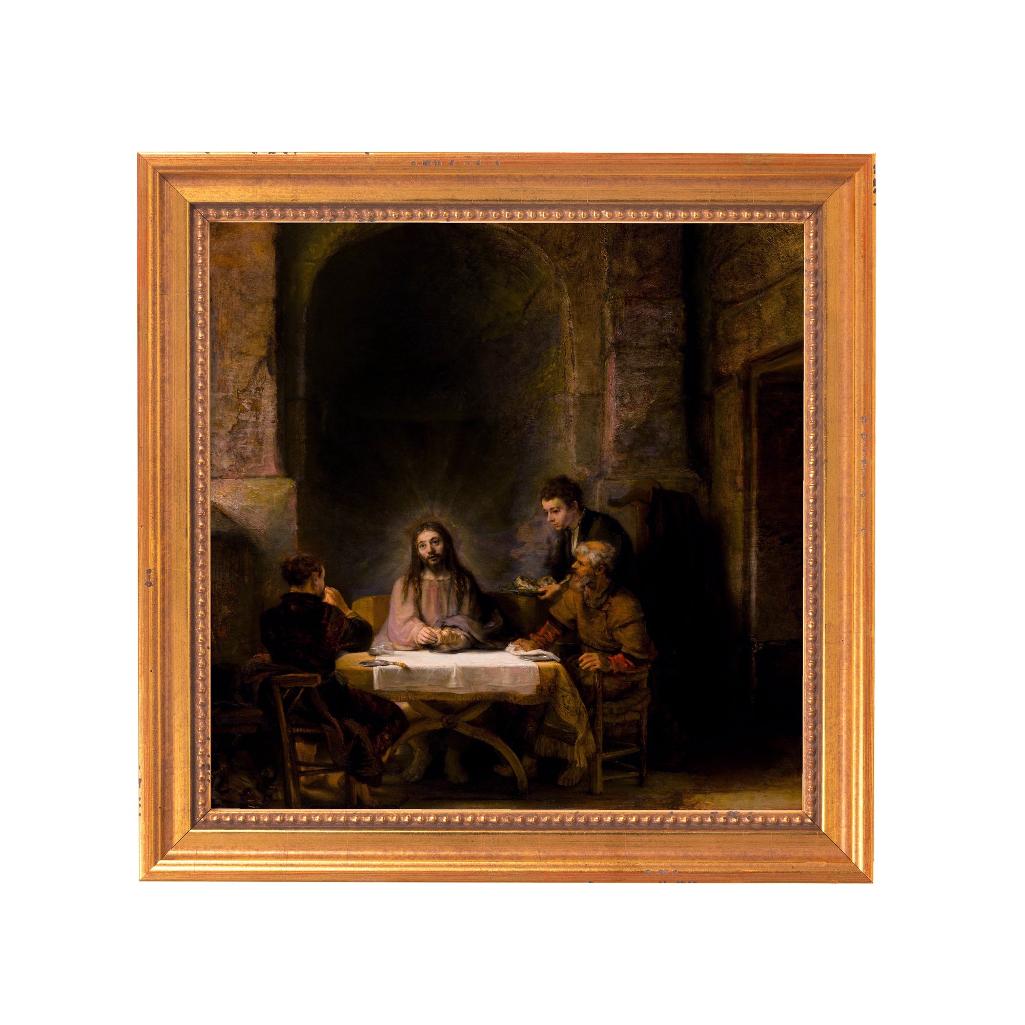 Framed oil painting of The Last Supper in a gold-toned frame.
