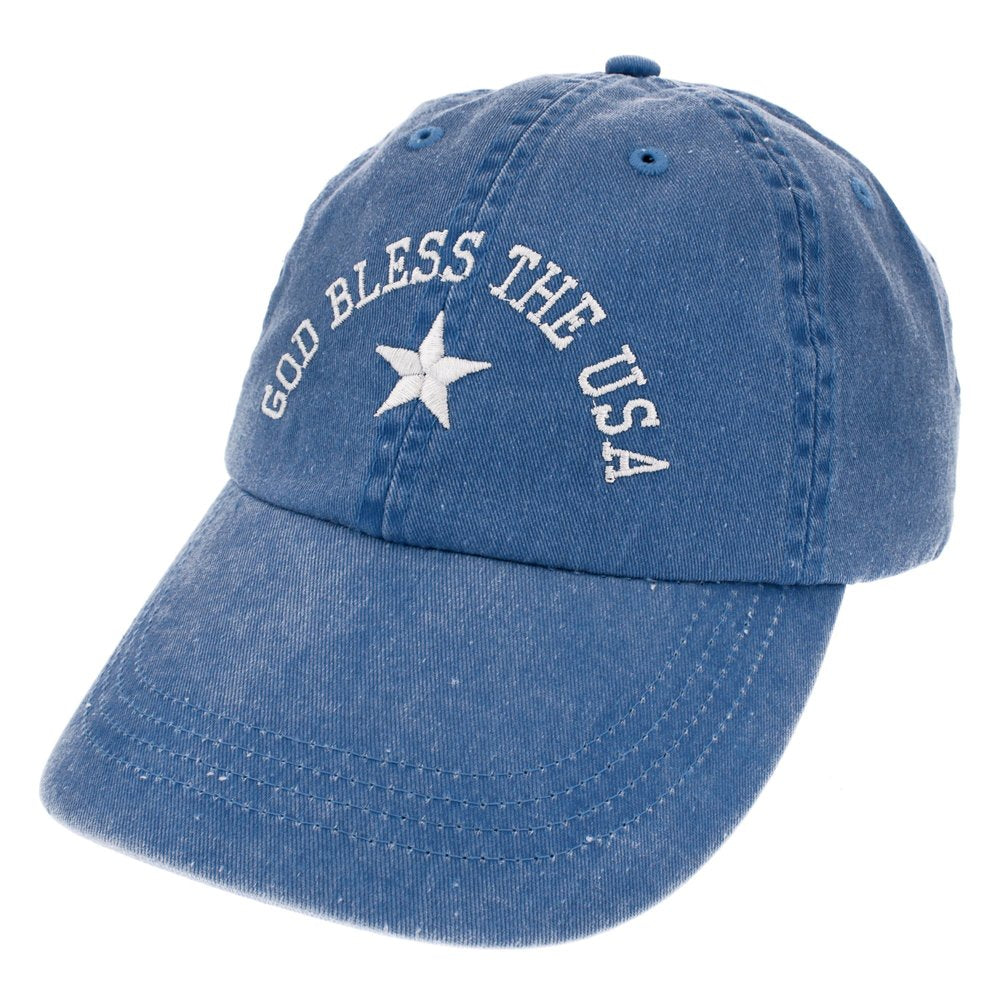 Denim baseball cap with white embroidery "God Bless the USA" and star design.