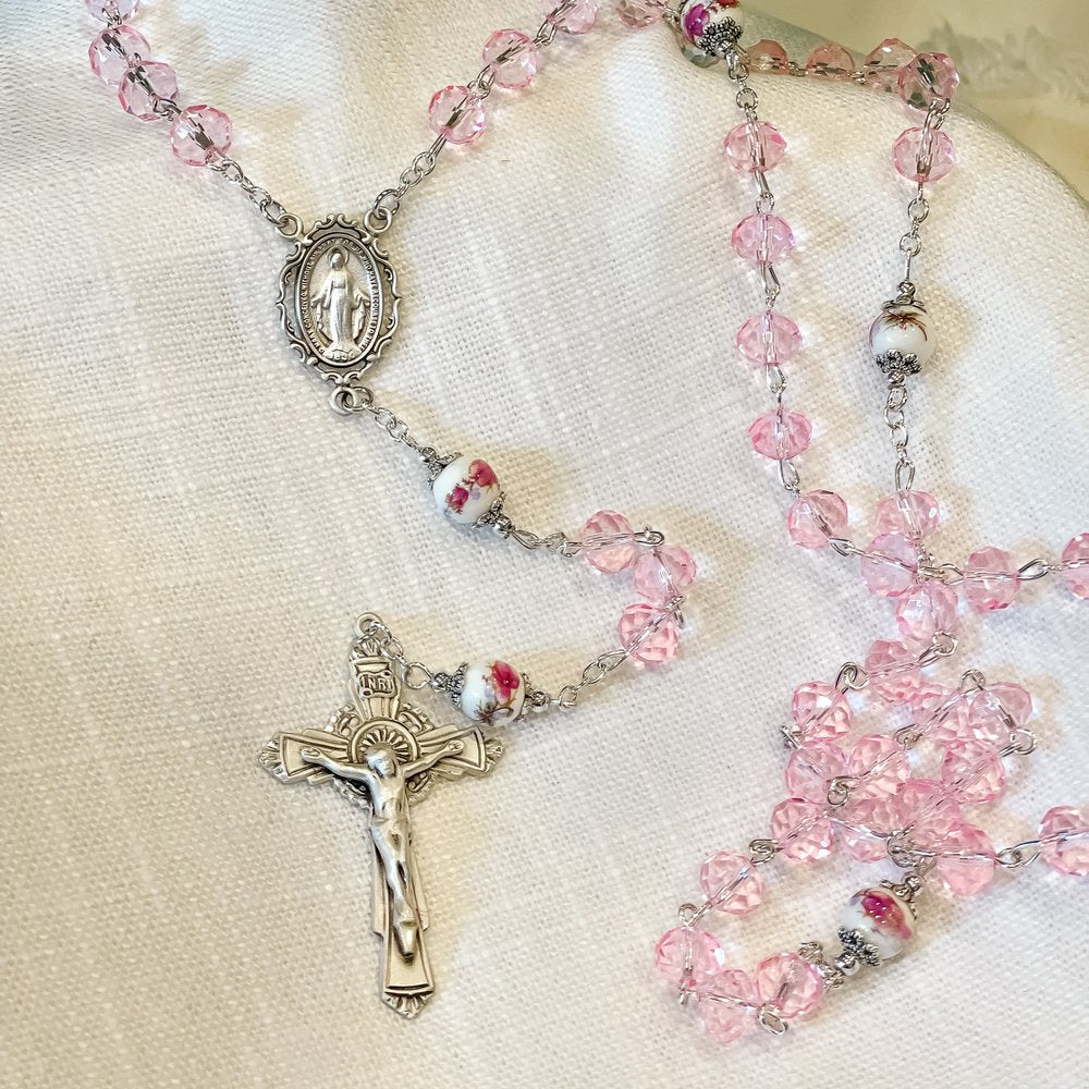 Pink Crystal Sterling Silver Miraculous Medal Rosary