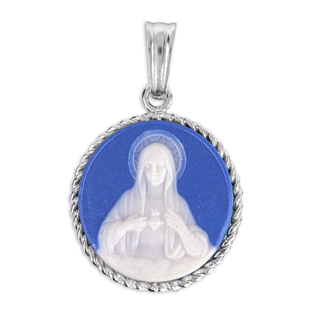 Round Sterling Silver Immaculate Heart of Mary Cameo Necklace
