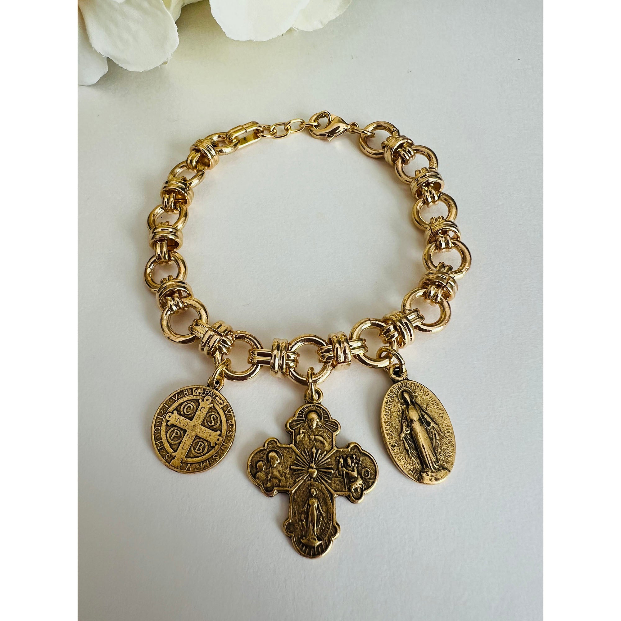 Gold Catholic Chunky Charm Bracelet