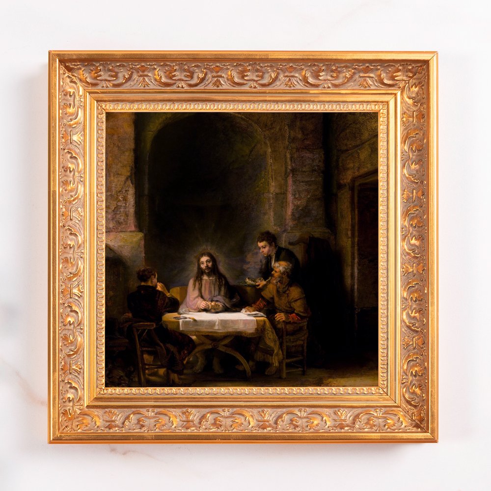 Framed, Last Supper oil painting with golden frame; religious art.
