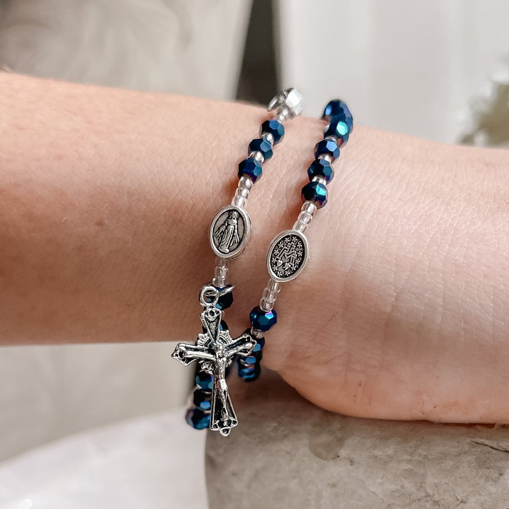 Miraculous Medal Blue Twist Rosary Bracelet