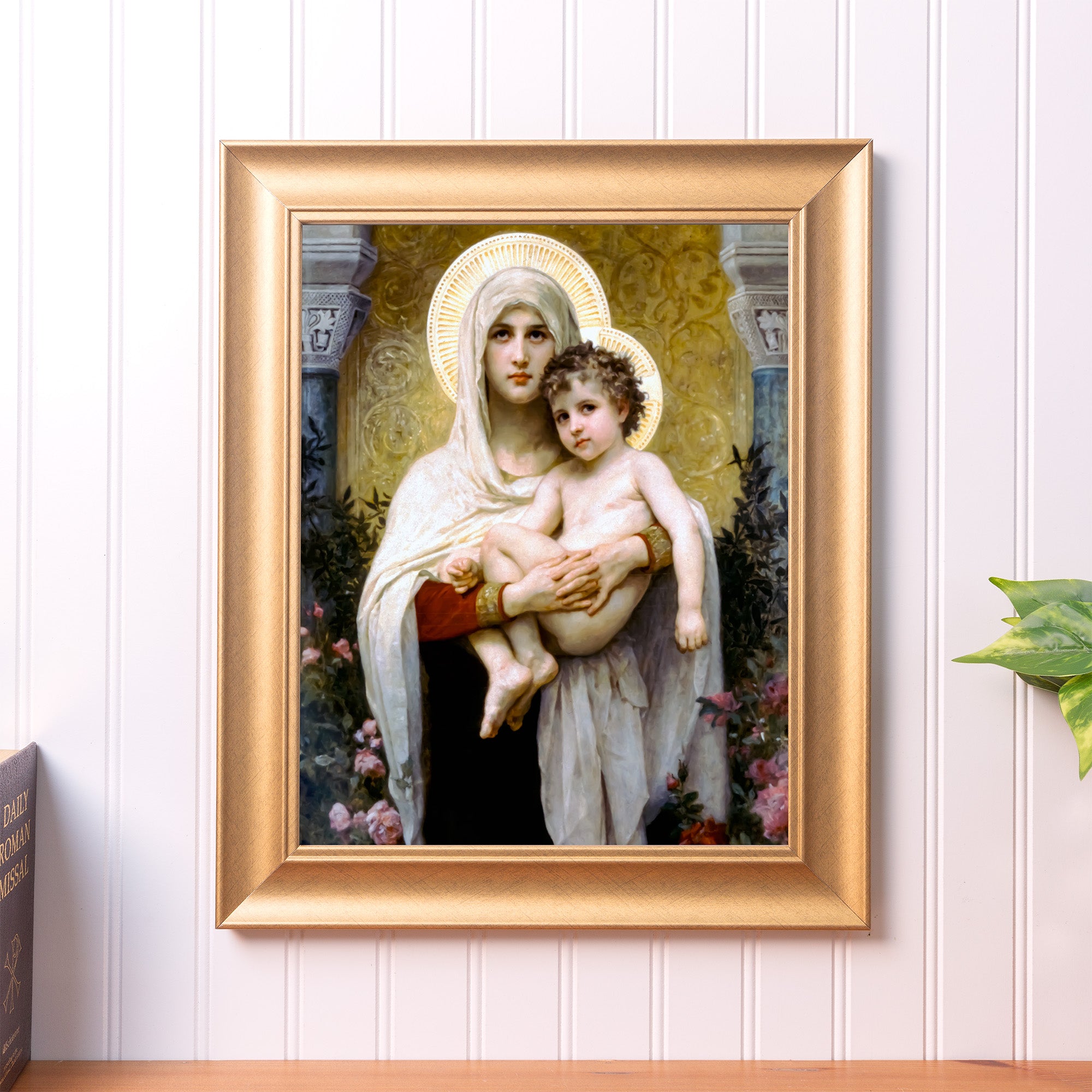 Framed Virgin and Child print; Gold frame, classical style.