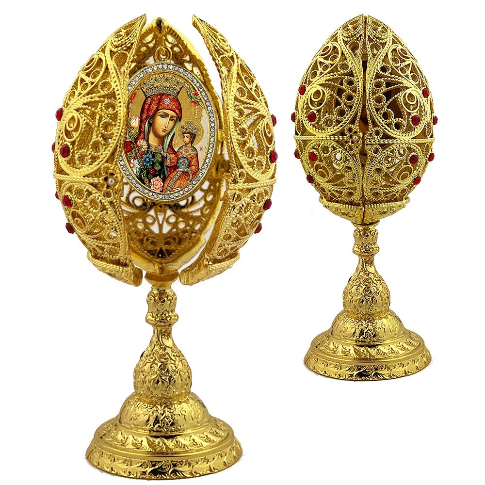 Unfading Bloom Marian Icon Golden Egg Triptych on Stand