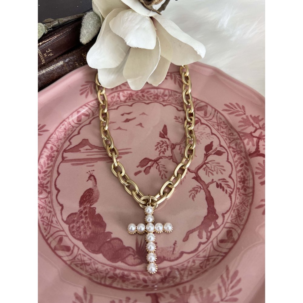 Gold Pearl Cross Chunky Necklace