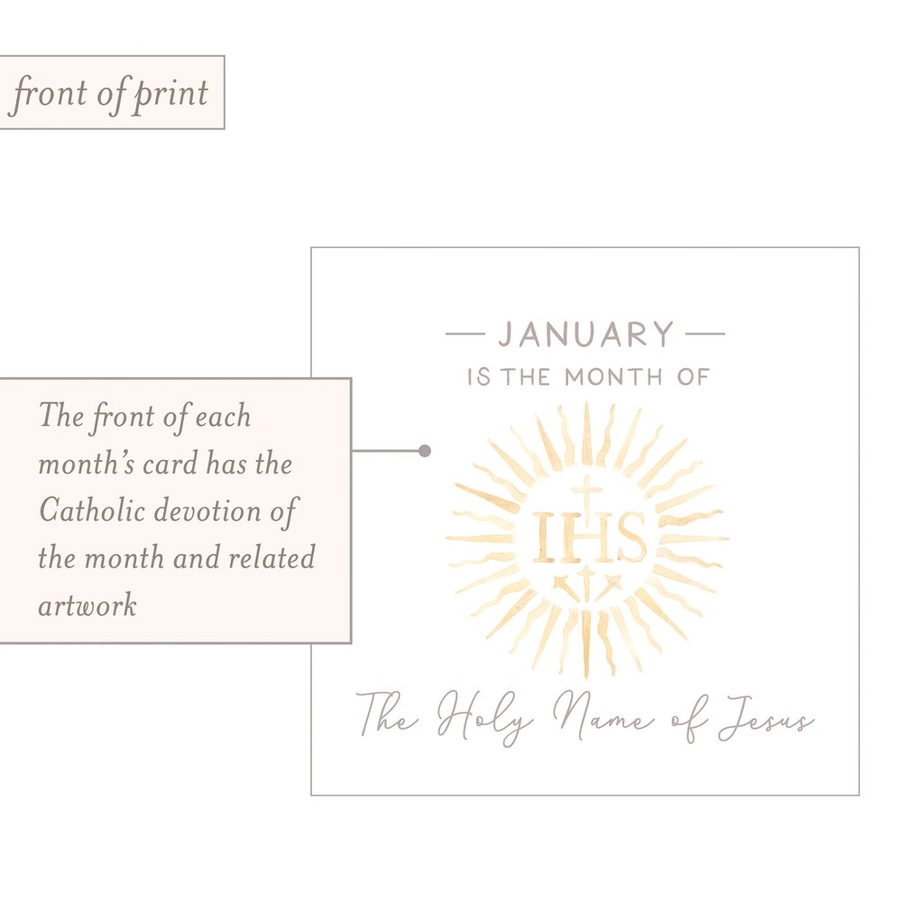 12 Catholic Monthly Devotion Prints & Acrylic Stand