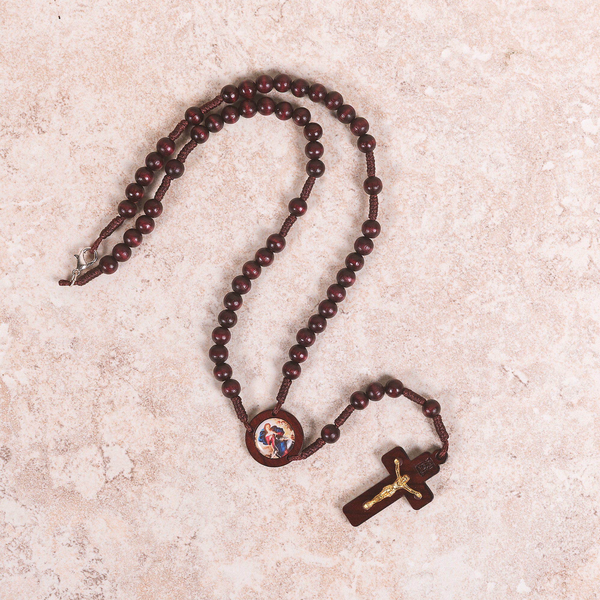 Mary Undoer of Knots Wood Rosary Necklace