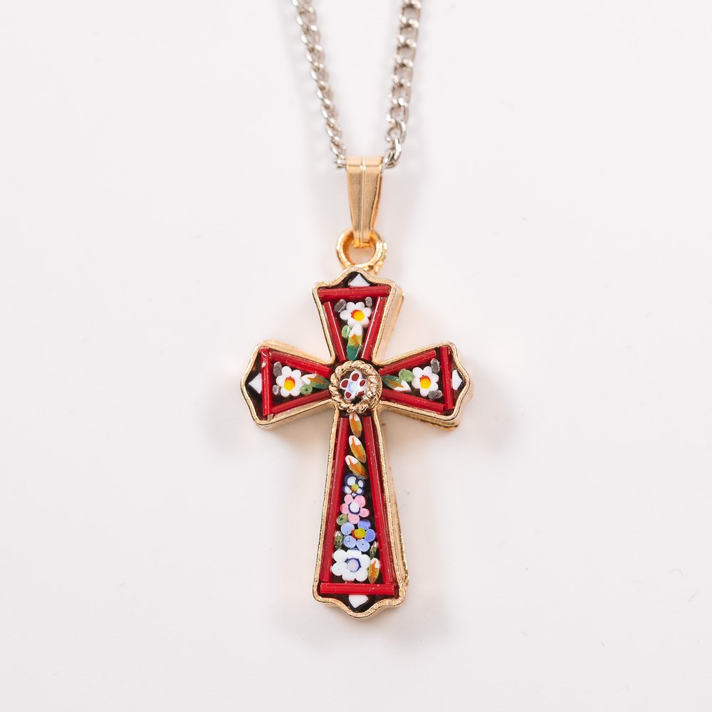 Gold & Floral Mosaic Cross Necklace
