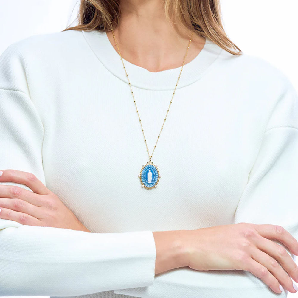Blue Stone Cameo Our Lady of Guadalupe Necklace