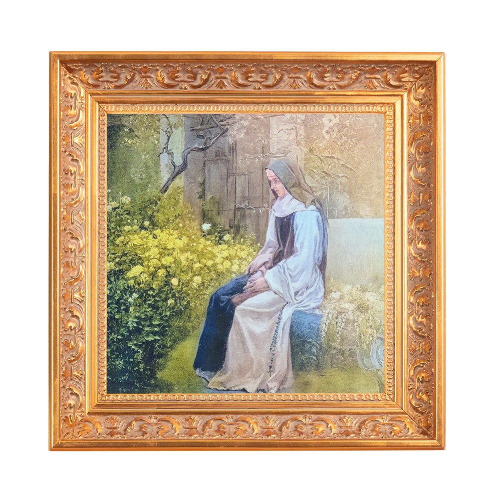 Framed painting depicting a seated nun in a garden, set in an ornate gold frame.