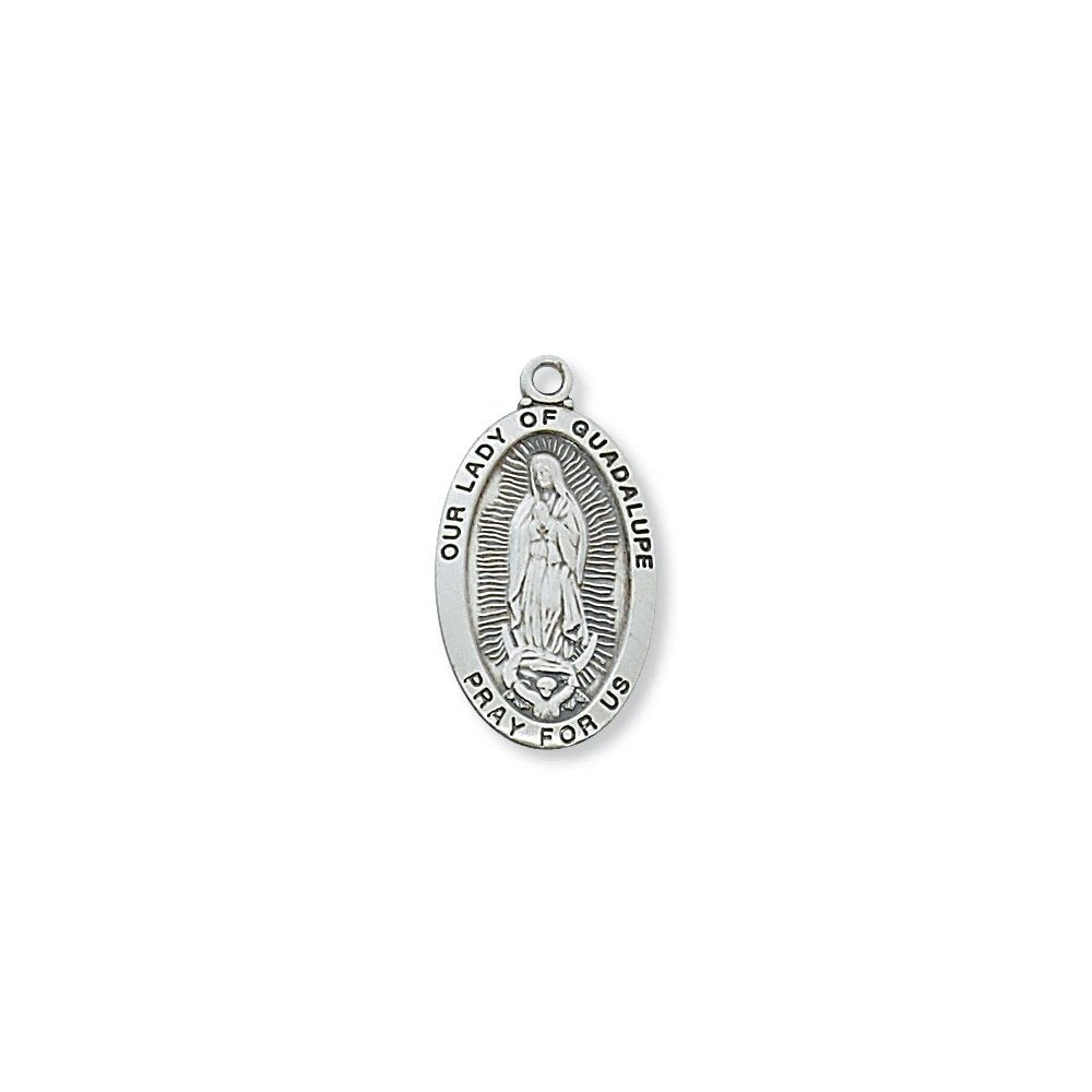 Our Lady of Guadalupe pendant in silver, oval shape with text, religious jewelry.