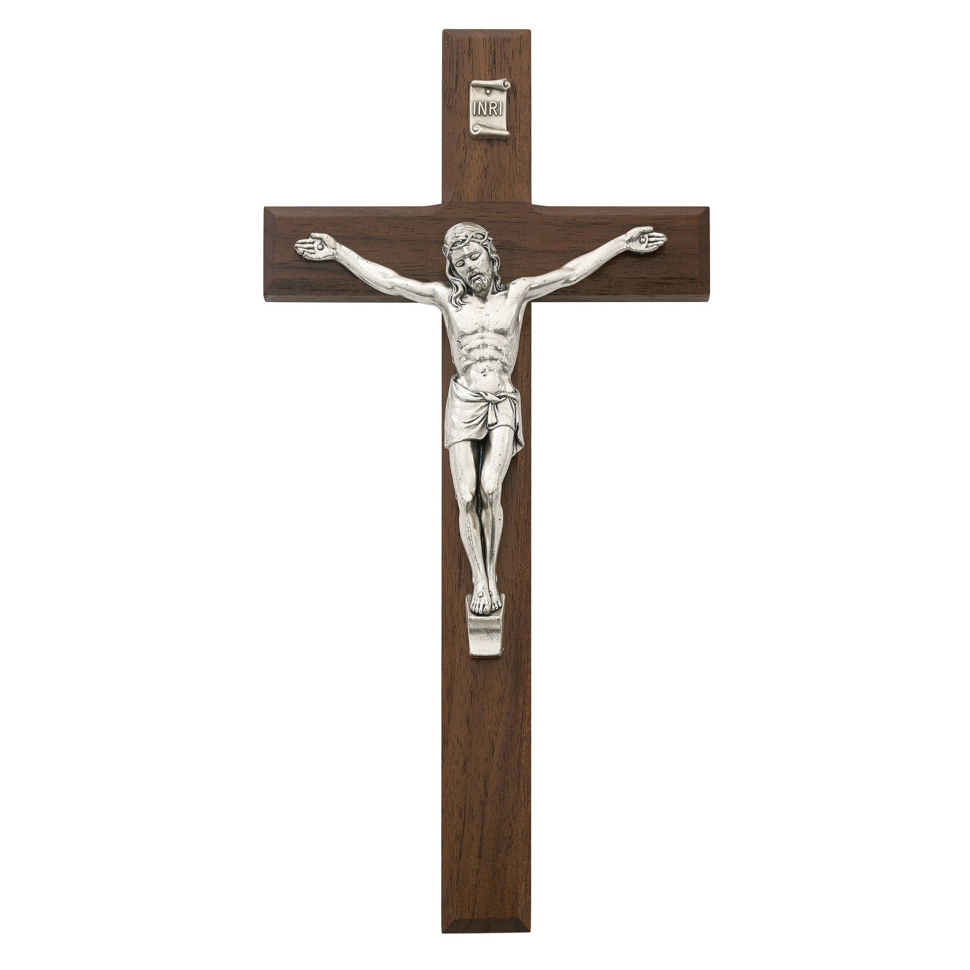 Beveled Walnut/Silver Crucifix - 10 inch