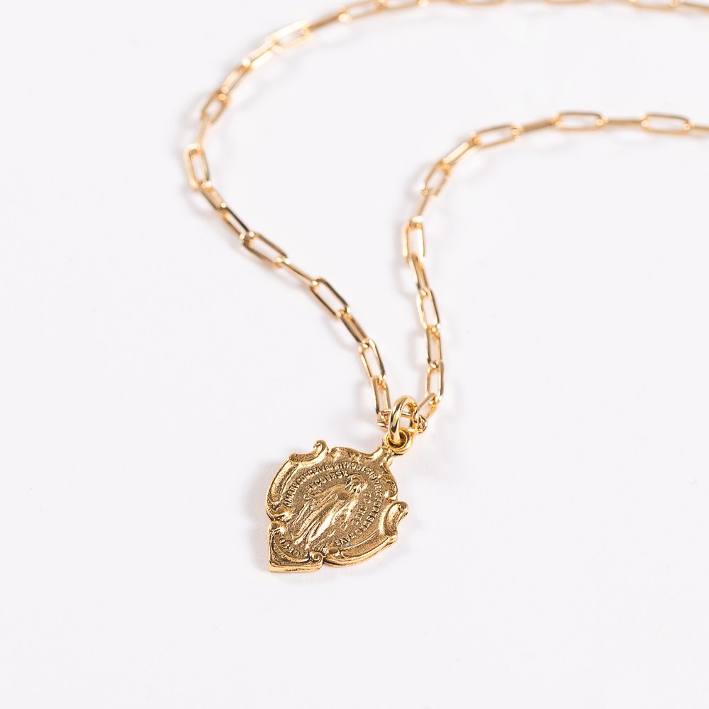 Ornate Miraculous Medal on Petite Paperclip Chain Necklace