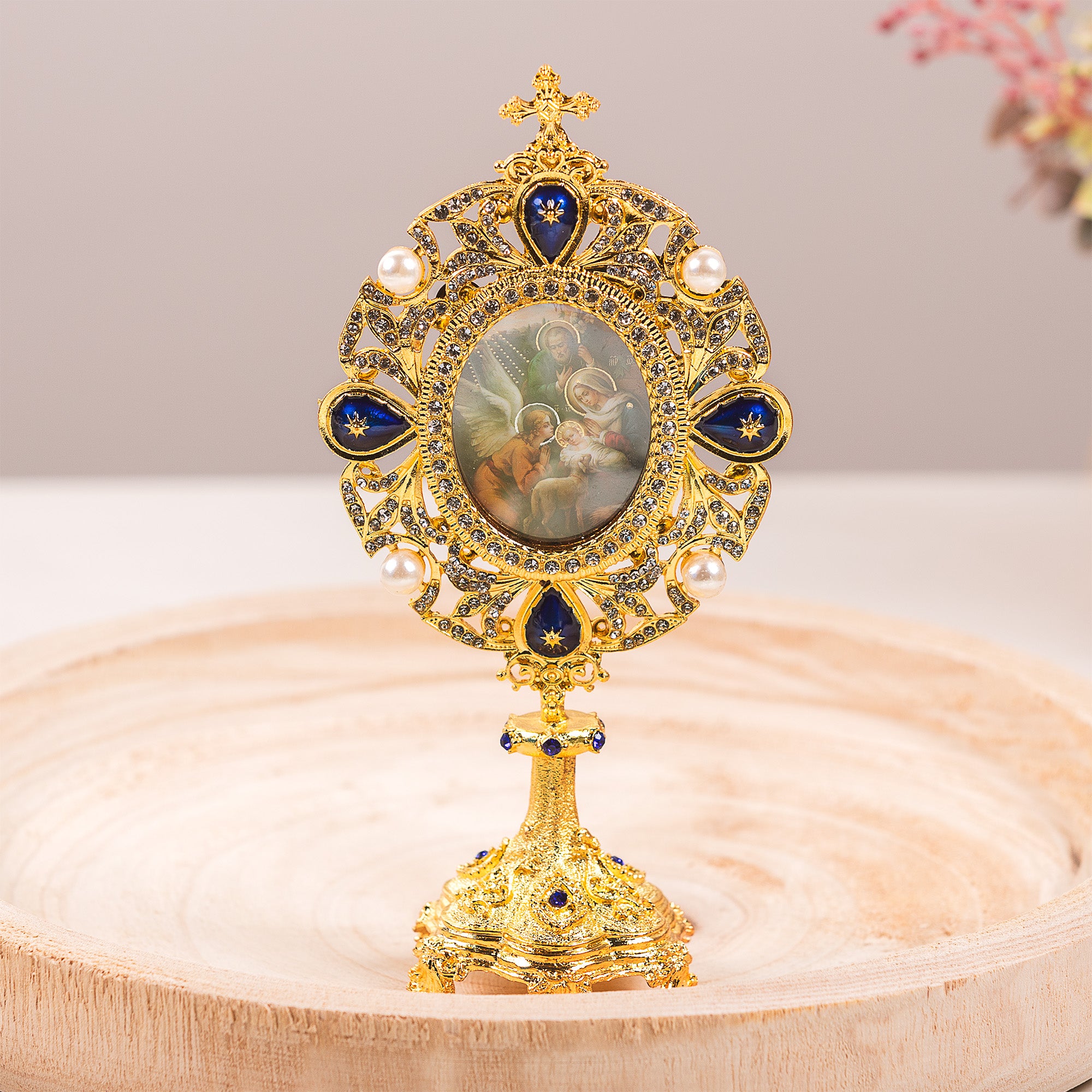 Nativity Holy Family Pearl Jeweled Monstrance Reliquary style icon Shrine, 7 inch