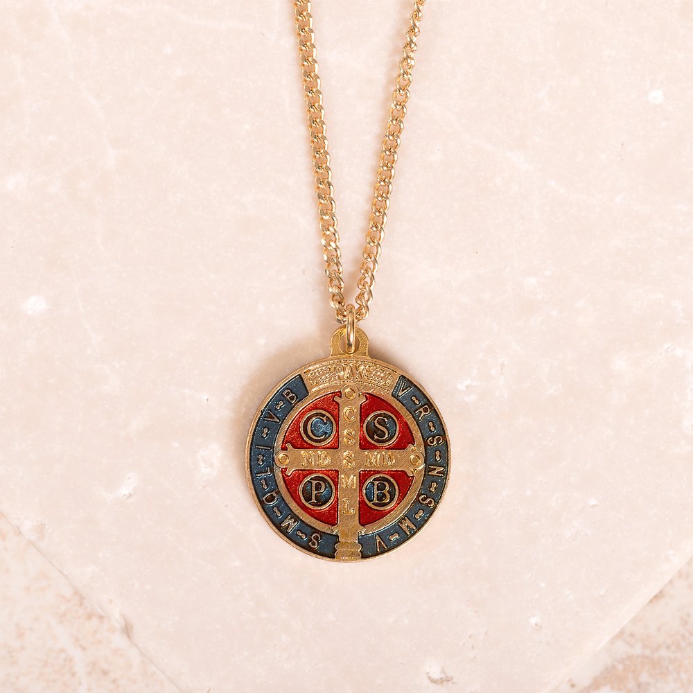 St. Benedict Gilt Gold and Navy Medal with chain