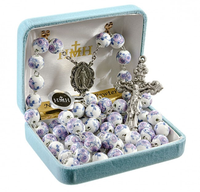 White & Violet Flower Bead New England Pewter Rosary