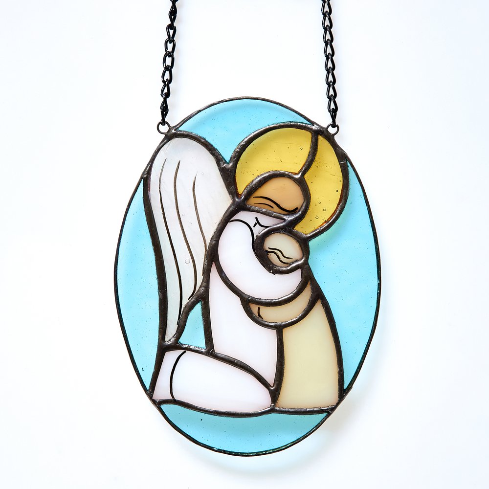 Handcrafted Guardian Angel Hug Stained Glass Suncatcher