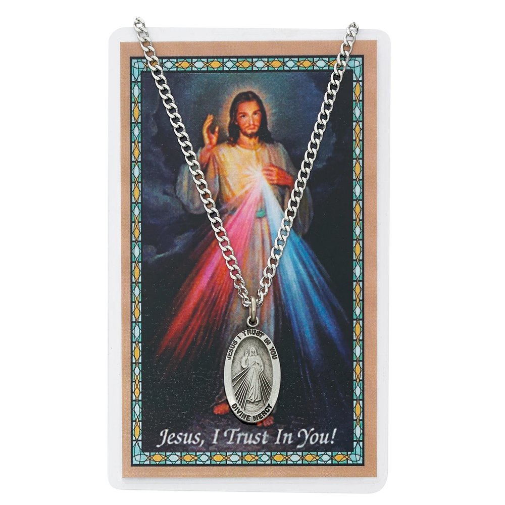 Divine Mercy Medal Necklace & Laminated Prayer Card Set