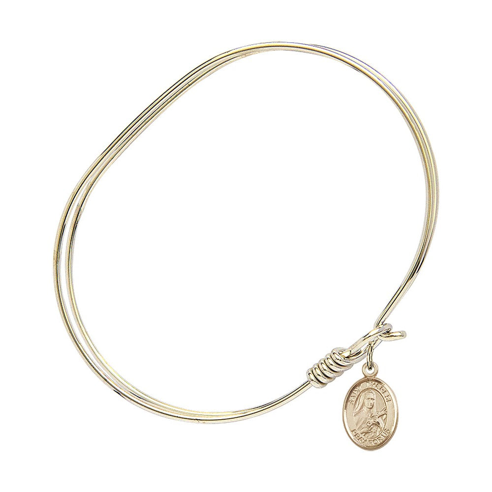 Adult 7" Oval Gold Plated Bangle Bracelet with St. Therese of Lisieux Medal Charm