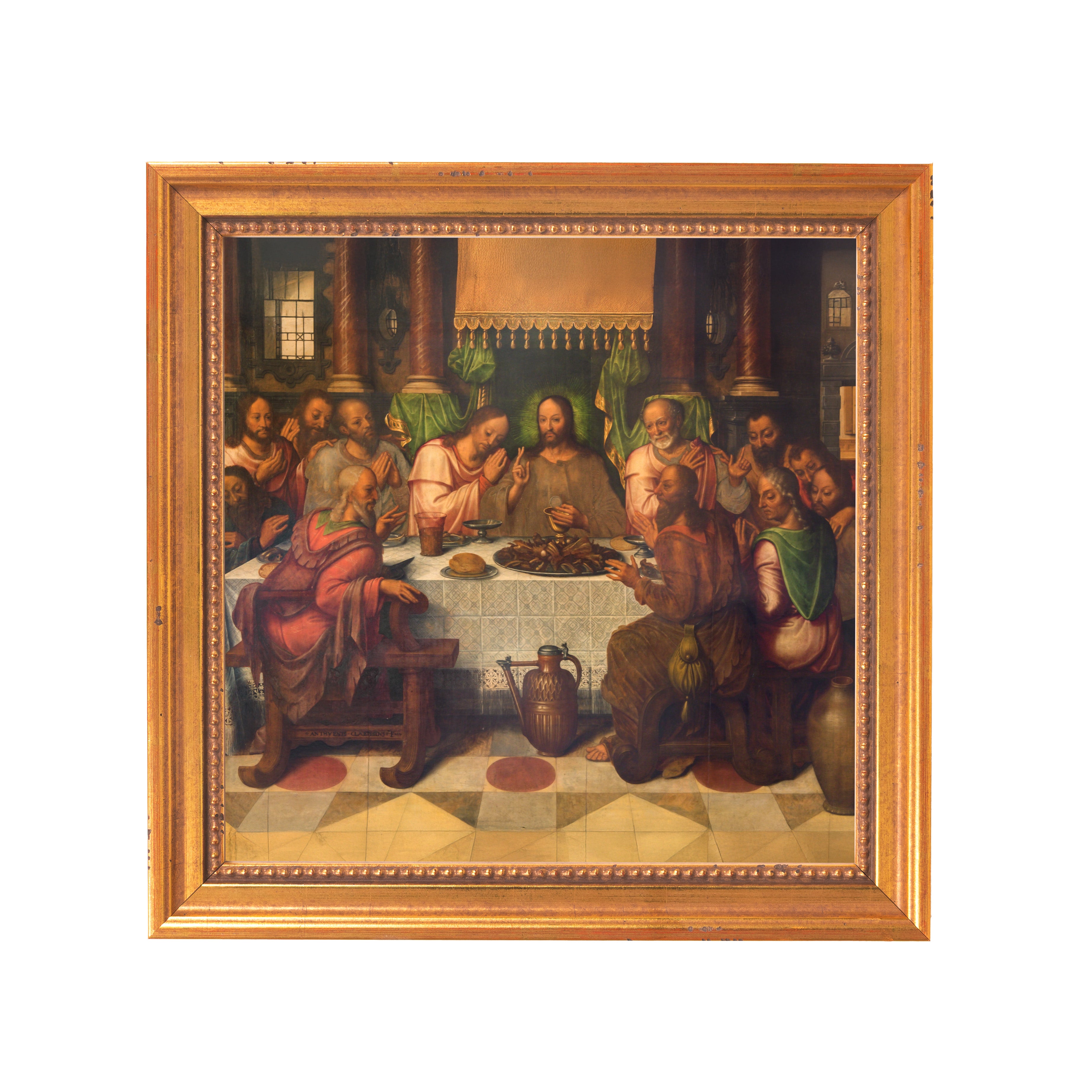 Vintage, gold framed painting of the Last Supper depicting Jesus and his disciples seated at a table.