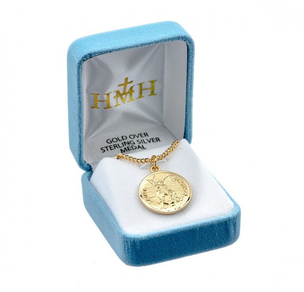 Gold-plated Saint Michael pendant necklace in a blue velvet gift box.